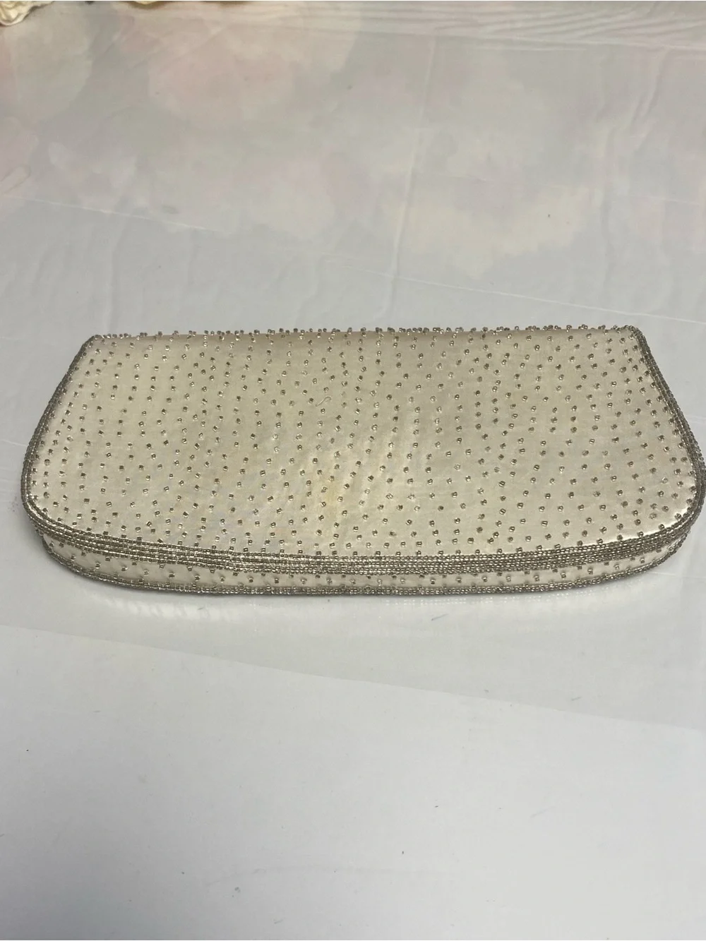 Vintage Hand-Beaded Floral Satin Evening Clutch Mirror & Hughes Comb